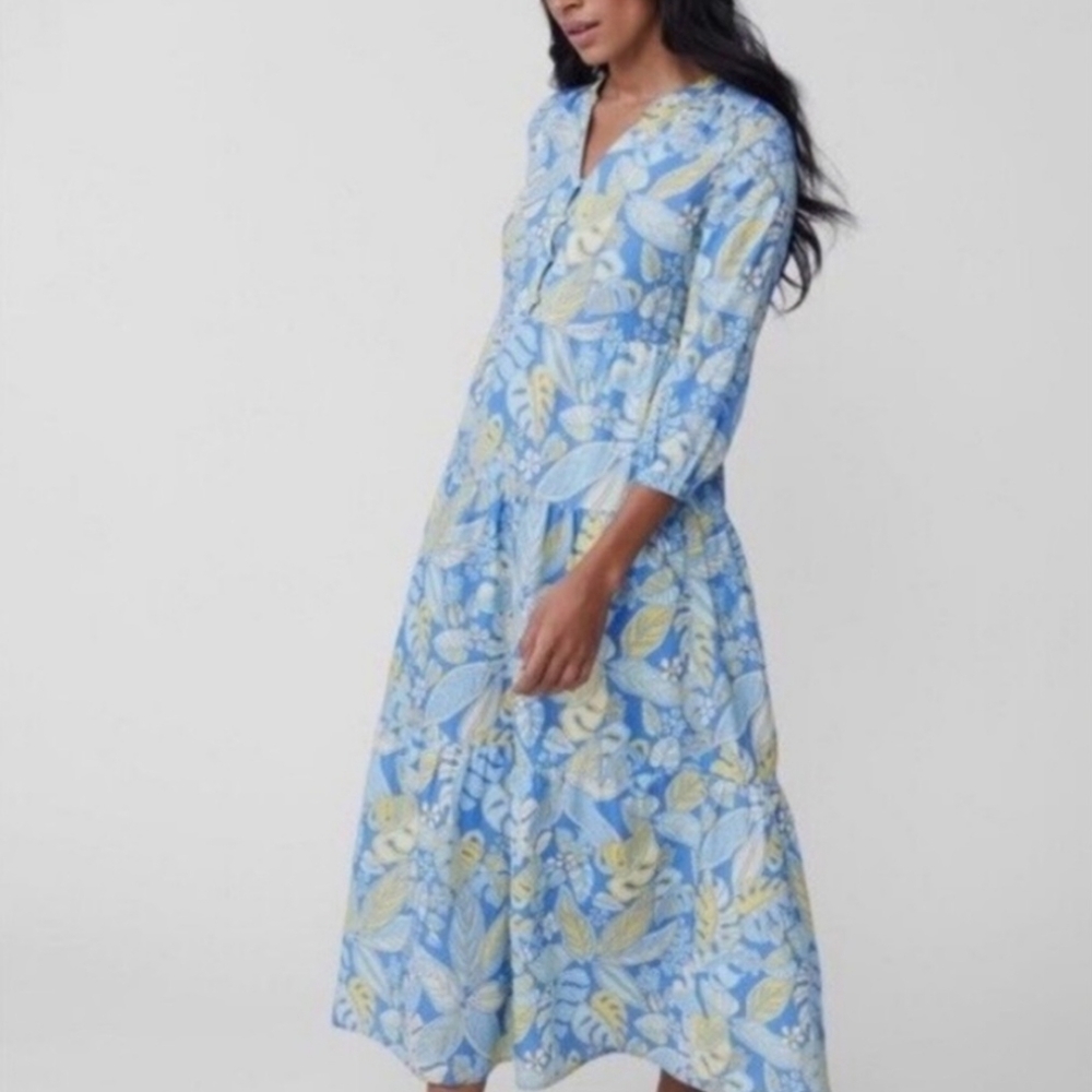 J. McLaughlin Maxi Dress M Blue Yellow 100% Linen Tropical Floral Long New $300